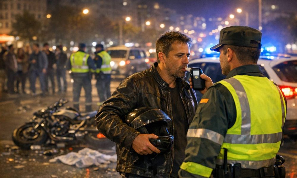 Escenario de un accidente de moto en ciudad, de noche, con gente mirando a lo lejos y que se vea, aunque no sea en primer plano, cómo la policía española (Guardia Civil) le hace un control de alcoh