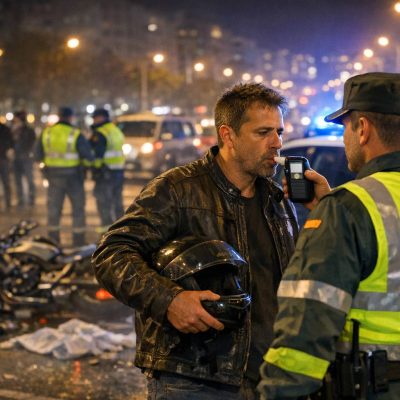 Escenario de un accidente de moto en ciudad, de noche, con gente mirando a lo lejos y que se vea, aunque no sea en primer plano, cómo la policía española (Guardia Civil) le hace un control de alcoh