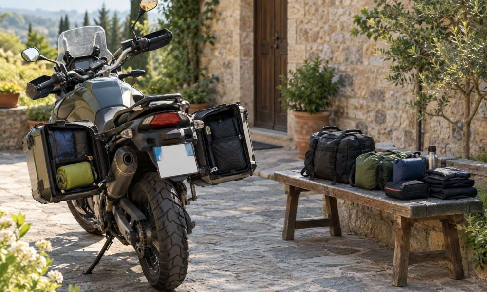 Moto de turismo y bolsas de equipaje preparadas junto a sus maletas laterales.