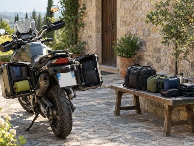 Moto de turismo y bolsas de equipaje preparadas junto a sus maletas laterales.