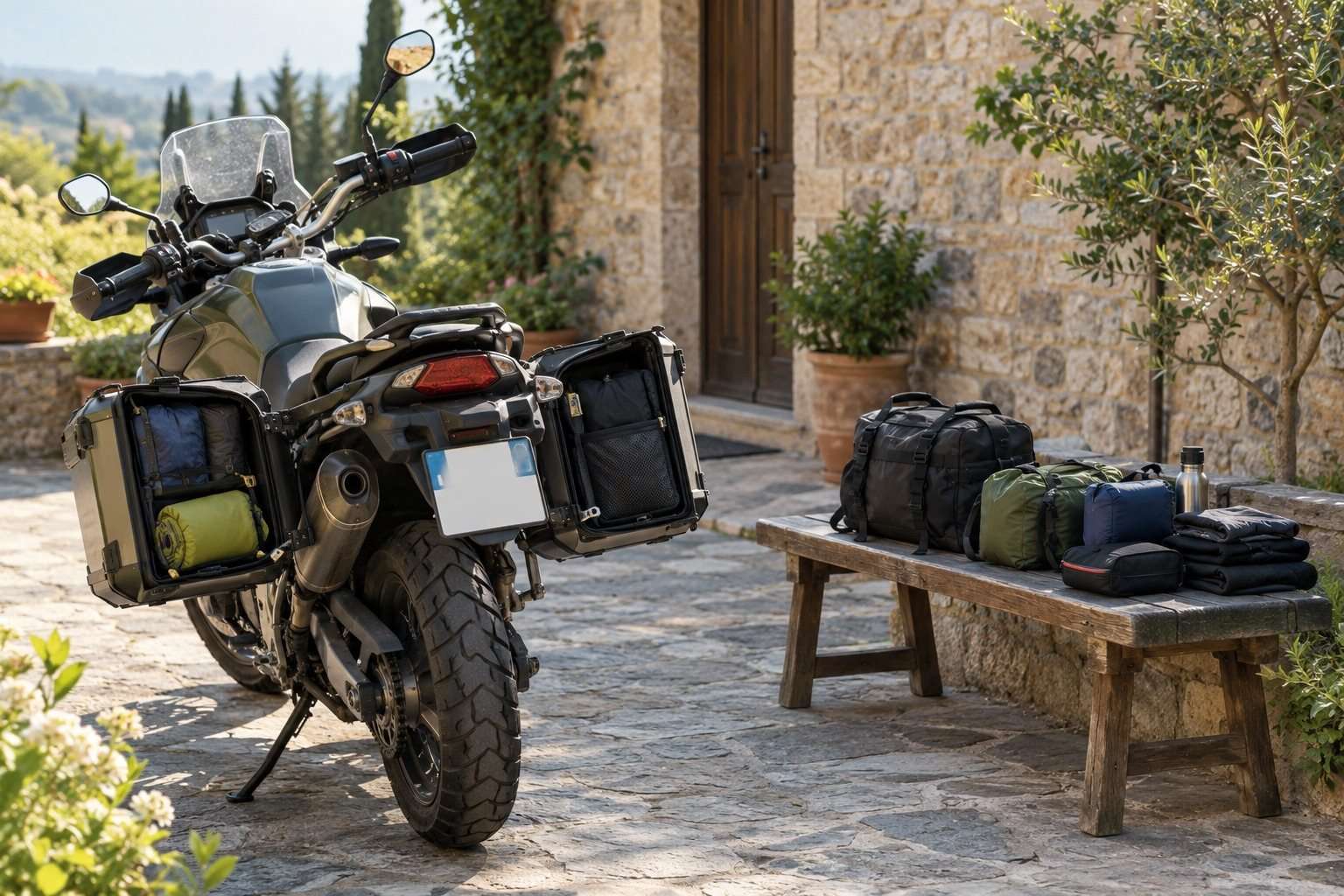 Moto de turismo y bolsas de equipaje preparadas junto a sus maletas laterales.